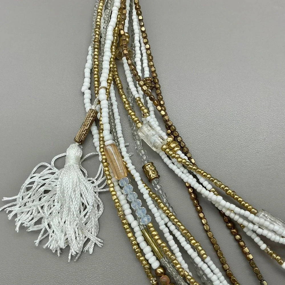 Chico's Necklace NWT White Gold Multi Strand Seed Bead Tassel Statement Jewelry